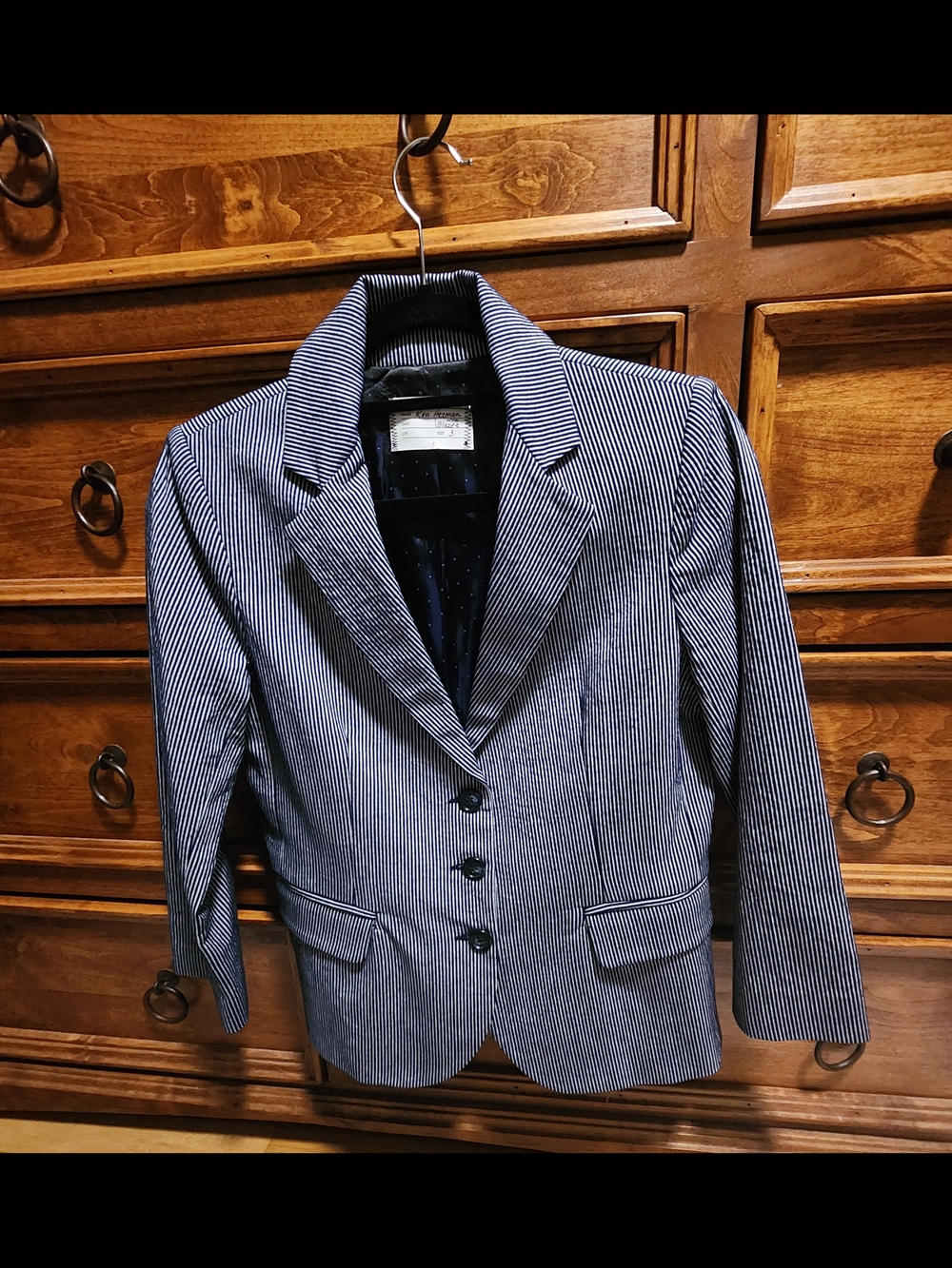 RON HERMAN Womens Pinstriped Navy & White Preppy Tailored Blazer, Shrunken Fit